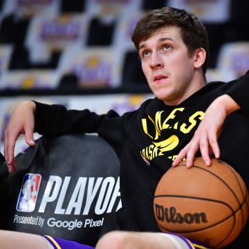 May 6, 2023; Los Angeles, California, USA; Los Angeles Lakers guard Austin Reaves (15) before playing against the Golden State Warriors in game three of the 2023 NBA playoffs at Crypto.com Arena. Mandatory Credit: Gary A. Vasquez-USA TODAY Sports