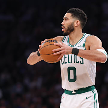 May 12, 2025; New York, New York, USA; Boston Celtics forward Jayson Tatum (0) looks to pass in the second half during game four of the second round for the 2025 NBA Playoffs against the New York Knicks at Madison Square Garden. Mandatory Credit: Vincent Carchietta-Imagn Images