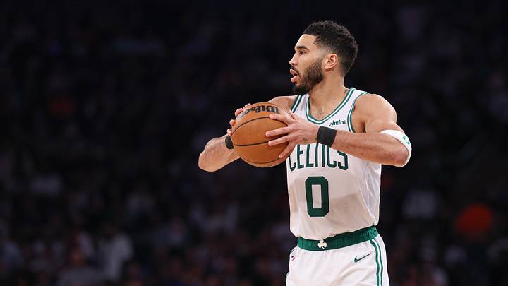 May 12, 2025; New York, New York, USA; Boston Celtics forward Jayson Tatum (0) looks to pass in the second half during game four of the second round for the 2025 NBA Playoffs against the New York Knicks at Madison Square Garden. Mandatory Credit: Vincent Carchietta-Imagn Images