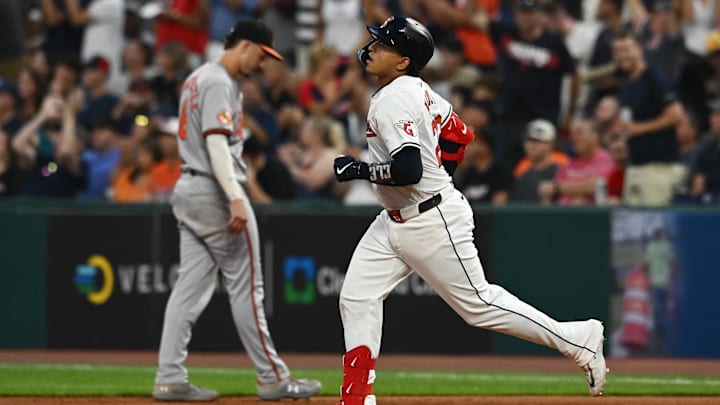 Aug 1, 2024; Cleveland, Ohio, USA; Cleveland Guardians catcher Bo Naylor (23) rounds the bases after hitting a home run during the seventh inning against the Baltimore Orioles at Progressive Field. Mandatory Credit: Ken Blaze-Imagn Images