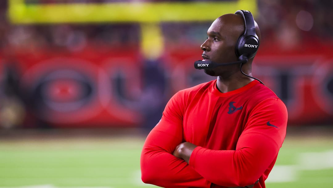 Dec 21, 2025; Houston, Texas, USA; Houston Texans head coach Demeco Ryans stands on the sidelines during the fourth quarter against the Las Vegas Raiders at NRG Stadium. Mandatory Credit: Thomas Shea-Imagn Images