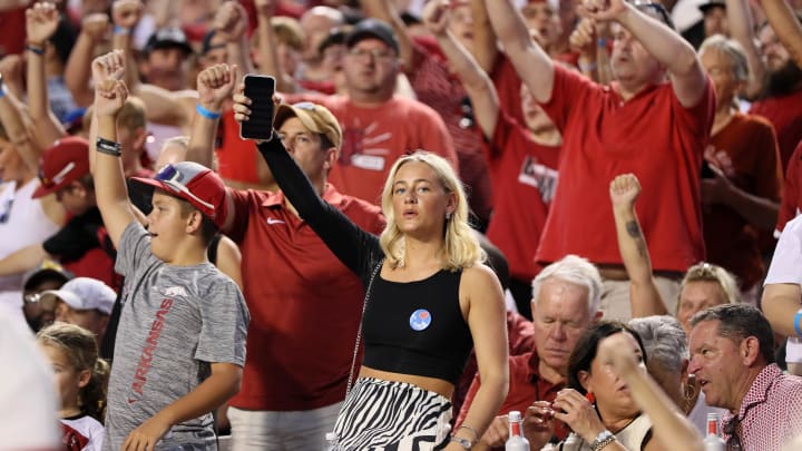 Arkansas Razorbacks fans during the second half against the UAPB Golden Lions at War Memorial Stadium. Arkansas won 70-0.