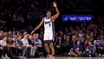Apr 4, 2024; New York, New York, USA; Sacramento Kings guard De'Aaron Fox (5) reacts during the fourth quarter against the New York Knicks at Madison Square Garden. Mandatory Credit: Brad Penner-USA TODAY Sports