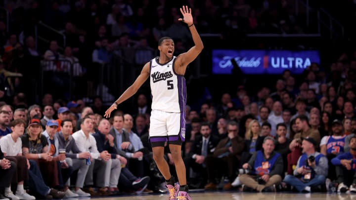 Apr 4, 2024; New York, New York, USA; Sacramento Kings guard De'Aaron Fox (5) reacts during the fourth quarter against the New York Knicks at Madison Square Garden. Mandatory Credit: Brad Penner-USA TODAY Sports