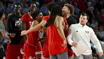 Feb 1, 2025; Houston, Texas, USA; Texas Tech Red Raiders reacts after defeating Houston Cougars at Fertitta Center. Mandatory Credit: Maria Lysaker-Imagn Images 
