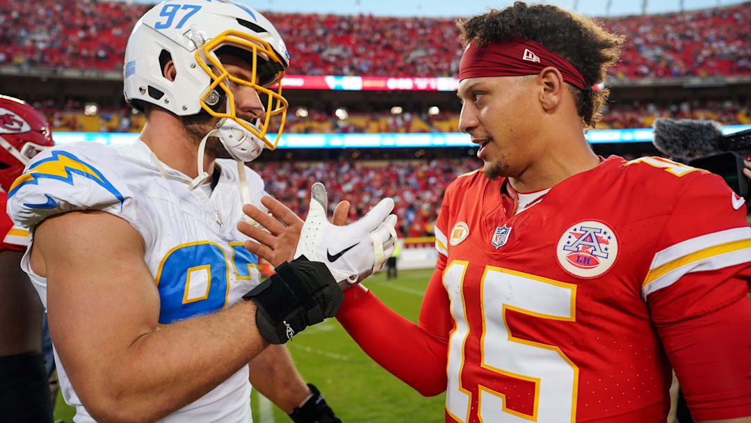 Oct 22, 2023; Kansas City, Missouri, USA; Los Angeles Chargers linebacker Joey Bosa (97) talks with Kansas City Chiefs quarterback Patrick Mahomes (15) after a game at GEHA Field at Arrowhead Stadium. Oct 22, 2023; Kansas City, Missouri, USA; Los Angeles Chargers linebacker Joey Bosa (97) talks with Kansas City Chiefs quarterback Patrick Mahomes (15) after a game at GEHA Field at Arrowhead Stadium.