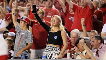 Aug 29, 2024; Little Rock, Arkansas, USA; Arkansas Razorbacks fans during the second half against the Pine Bluff Golden Lions at War Memorial Stadium. Arkansas won 70-0. Mandatory Credit: Nelson Chenault-Imagn Images