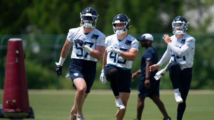 Linebackers, from left, Luke Gifford (57), Chance Campbell (45) and Garret Wallow (54) go through warmup drills during the Tennessee Titans mandatory mini-camp at Ascension Saint Thomas Sports Park in Nashville, Tenn., Thursday, June 6, 2024.