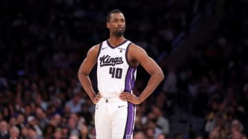 Apr 4, 2024; New York, New York, USA; Sacramento Kings forward Harrison Barnes (40) reacts during the fourth quarter against the New York Knicks at Madison Square Garden. Mandatory Credit: Brad Penner-USA TODAY Sports
