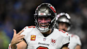 Tampa Bay Buccaneers quarterback Baker Mayfield (6) reacts against the Detroit Lions 