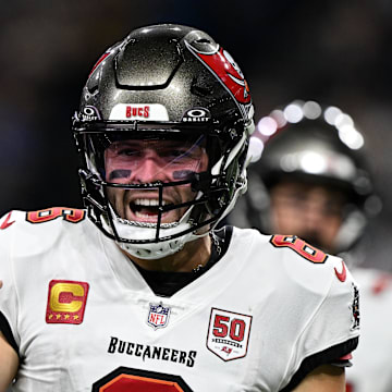 Tampa Bay Buccaneers quarterback Baker Mayfield (6) reacts against the Detroit Lions 