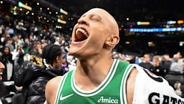 Dec 2, 2025; Boston, Massachusetts, USA; Boston Celtics guard Jordan Walsh (27) reacts while walking off of the court after a game against the New York Knicks at the TD Garden. Mandatory Credit: Brian Fluharty-Imagn Images