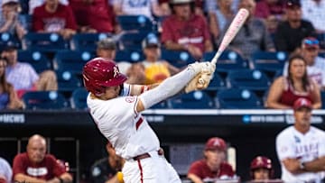 Arkansas Razorbacks shortstop Wehiwa Aloy (9) strikes out against the LSU Tigers during the ninth inning at Charles Schwab Field.