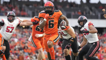 Sep 29, 2023; Corvallis, Oregon, USA; Oregon State Beavers running back Damien Martinez (6) runs the ball during the first half against the Utah Utes at Reser Stadium. Mandatory Credit: Soobum Im-USA TODAY Sports