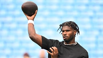 Aug 8, 2025; Charlotte, North Carolina, USA;  Cleveland Browns quarterback Shedeur Sanders (12) before the game at Bank of America Stadium. Mandatory Credit: Bob Donnan-Imagn Images