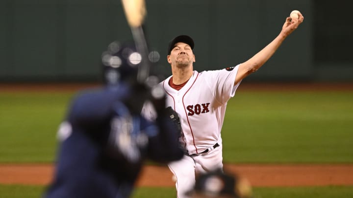 Oct 3, 2022; Boston, Massachusetts, USA; Boston Red Sox starting pitcher Rich Hill (44) pitches against the Tampa Bay Rays during the first at inning Fenway Park. Mandatory Credit: Brian Fluharty-USA TODAY Sports