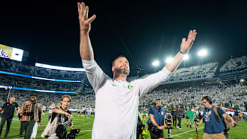 Oregon head coach Dan Lanning celebrates the Ducks’ win as the Oregon Ducks face the Penn State Nittany Lions on Sept. 27, 2025, at Beaver Stadium in University Park, Pennsylvania.