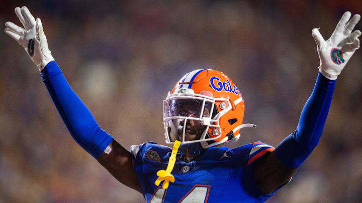 Florida safety Jordan Castell (14) celebrates after making a play during a football game between Tennessee and Florida at Ben Hill Griffin Stadium in Gainesville, Fla., on Saturday, Sept. 16, 2023.