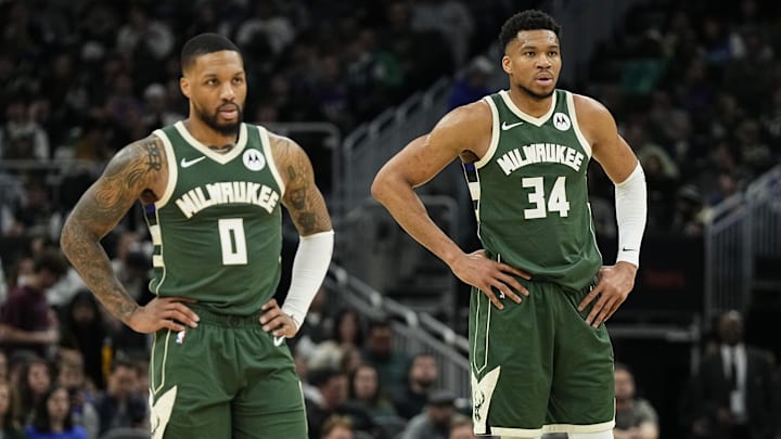 Bucks forward Giannis Antetokounmpo and guard Damian Lillard share the court during the game against the Thunder at Fiserv Forum.