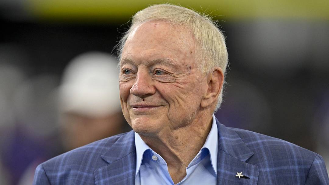Aug 16, 2025; Arlington, Texas, USA; Dallas Cowboys owner Jerry Jones (left) looks on before the game against the Baltimore Ravens at AT&T Stadium. Mandatory Credit: Jerome Miron-Imagn Images