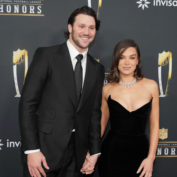 Josh Allen and Hailee Steinfeld on the red carpet before Super Bowl LIX NFL Honors at Saenger Theatre.