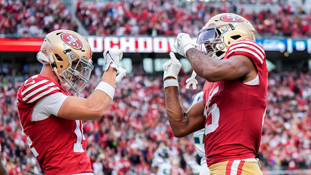 San Francisco 49ers wide receiver Jauan Jennings (R) and Ricky Pearsall (L)