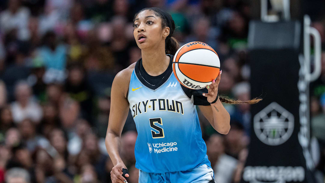 Aug 30, 2025; Seattle, Washington, USA; Chicago Sky forward Angel Reese (5) dribbles the ball against the Seattle Storm at Climate Pledge Arena. Mandatory Credit: Stephen Brashear-Imagn Images