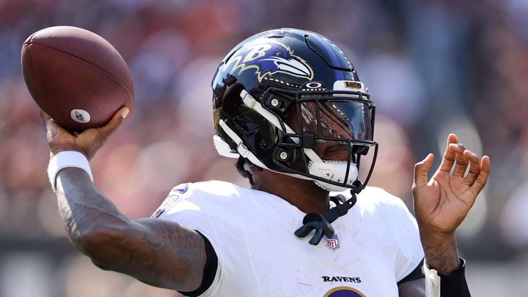 Oct 6, 2024; Cincinnati, Ohio, USA; Baltimore Ravens quarterback Lamar Jackson (8) throws the ball during the first half against the Cincinnati Bengals at Paycor Stadium. Mandatory Credit: Joseph Maiorana-Imagn Images