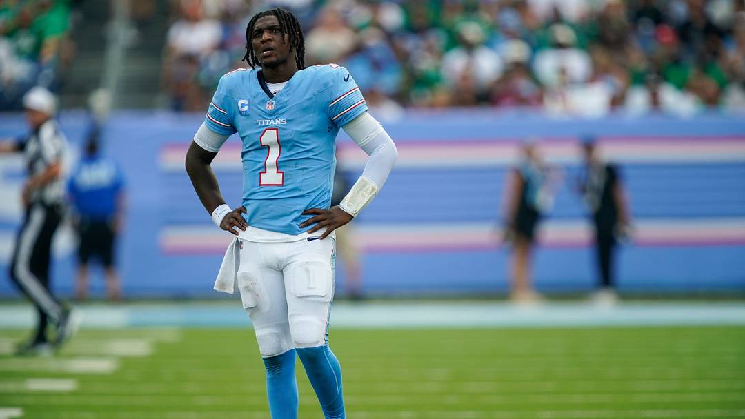 Tennessee Titans quarterback Cam Ward (1) waits to resume offense at the start of the fourth quarter against the Philadelphia Eagles at Nissan Stadium in Nashville, Tenn., Sunday, Sept. 20, 2026.