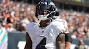 Oct 6, 2024; Cincinnati, Ohio, USA; Baltimore Ravens wide receiver Zay Flowers (4) celebrates the team’s touchdown during the second quarter against the Cincinnati Bengals at Paycor Stadium. Mandatory Credit: Joseph Maiorana-Imagn Images