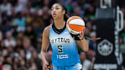 Aug 30, 2025; Seattle, Washington, USA; Chicago Sky forward Angel Reese (5) dribbles the ball against the Seattle Storm at Climate Pledge Arena. Mandatory Credit: Stephen Brashear-Imagn Images