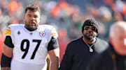 Dec 1, 2024; Cincinnati, Ohio, USA;  Pittsburgh Steelers defensive tackle Cameron Heyward (97) and head coach Mike Tomlin before the game against the Cincinnati Bengals at Paycor Stadium. Mandatory Credit: Joseph Maiorana-Imagn Images