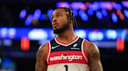 Nov 3, 2025; New York, New York, USA; Washington forward Cam Whitmore (1) looks on during the second half against the New York Knicks at Madison Square Garden. Mandatory Credit: Lucas Boland-Imagn Images