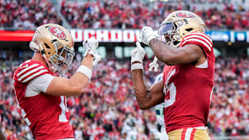 San Francisco 49ers wide receivers Jauan Jennings (R) and Ricky Pearsall (L)