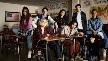 (L-R) Rainbow Wedell as Claire Zolinski, Peyton List as Maddie Nears, Milo Manheim as Wally Clark, Kiara Pichardo as Nicole Herrera, Kristian Flores as Simon Elroy, Spencer Macpherson as Xavier Baxter, Nick Pugliese as Charley, and Sarah Yarkin as Rhonda in School Spirits