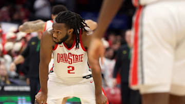 Jan 9, 2025; Columbus, Ohio, USA;  Ohio State Buckeyes guard Bruce Thornton (2) reacts following the close loss  against the Oregon Ducks at Value City Arena. Mandatory Credit: Joseph Maiorana-Imagn Images
