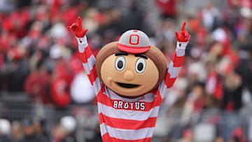 Nov 23, 2024; Columbus, Ohio, USA;  Ohio State Brutus Buckeye warms up the crowd during the first quarter against the Indiana Hoosiers at Ohio Stadium. Mandatory Credit: Joseph Maiorana-Imagn Images