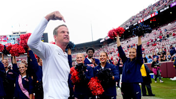 Ole Miss coach Lane Kiffin celebrates after a college football game between the University of Oklahoma Sooners (OU) and the Ole Miss Rebels at Gaylord Family Ð Oklahoma Memorial Stadium in Norman, Okla., Saturday, Oct. 25, 2025. Ole Miss won 34-26.