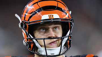 Sep 23, 2024; Cincinnati, Ohio, USA; Cincinnati Bengals quarterback Joe Burrow (9) reacts as he looks at the scoreboard during the fourth quarter against the Washington Commanders at Paycor Stadium. Mandatory Credit: Joseph Maiorana-Imagn Images