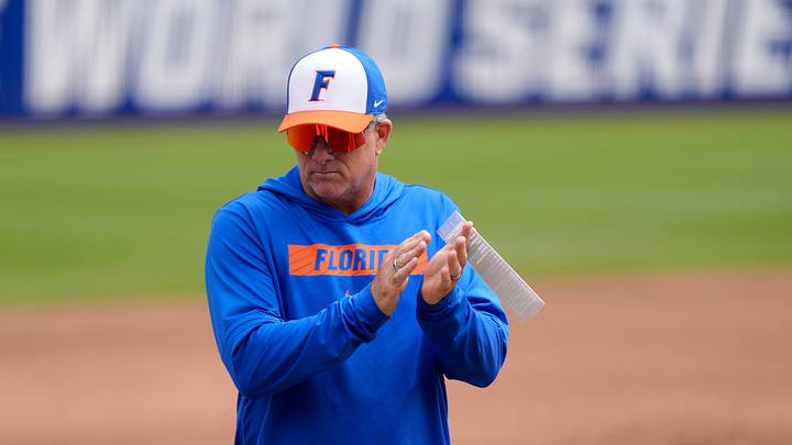 Florida coach Tim Walton during a Women's College World Series softball game between the Texas Longhorns and the Florida Gators at Devon Park in Oklahoma City, Thursday, May 29, 2025.
