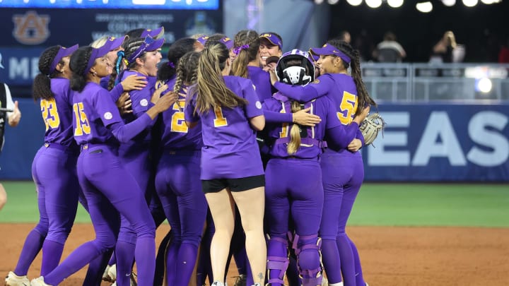 May 9, 2024; Auburn, AL, USA;  LSU players celebrate after beating Tennessee in the quarterfinals of the SEC Softball Championship at Jane B. Moore Field.