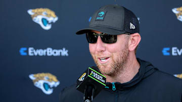 Jul 25, 2025; Jacksonville, FL, USA; Jacksonville Jaguars head coach Liam Coen talks to media after training camp at Miller Electric Center. Mandatory Credit: Nathan Ray Seebeck-Imagn Images