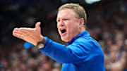Dec 22, 2024; Lawrence, Kansas, USA; Kansas Jayhawks head coach Bill Self reacts to play against the Brown Bears during the second half at Allen Fieldhouse. Mandatory Credit: Denny Medley-Imagn Images