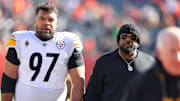 Dec 1, 2024; Cincinnati, Ohio, USA;  Pittsburgh Steelers defensive tackle Cameron Heyward (97) and head coach Mike Tomlin before the game against the Cincinnati Bengals at Paycor Stadium. Mandatory Credit: Joseph Maiorana-Imagn Images