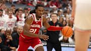 Jan 17, 2025; Columbus, Ohio, USA; Indiana Hoosiers forward Mackenzie Mgbako (21) dribbles the ball during the first half against the Ohio State Buckeyes at Value City Arena. Mandatory Credit: Joseph Maiorana-Imagn Images