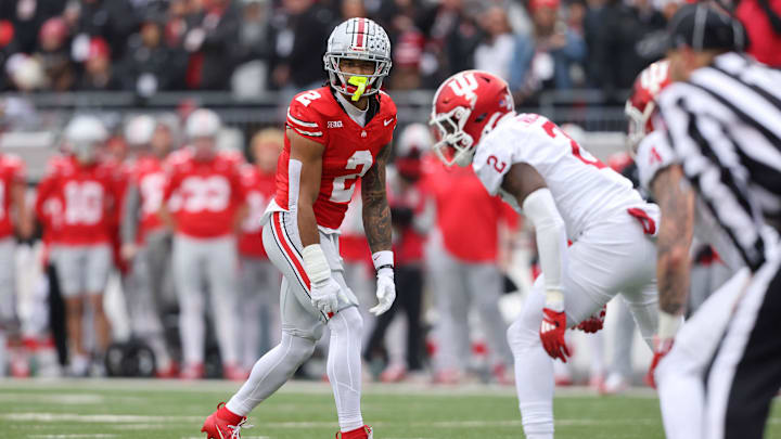 Nov 23, 2024; Columbus, Ohio, USA; Ohio State Buckeyes wide receiver Emeka Egbuka (2) lines up during the first half against the Indiana Hoosiers at Ohio Stadium. Mandatory Credit: Joseph Maiorana-Imagn Images Nov 23, 2024; Columbus, Ohio, USA; Ohio State Buckeyes wide receiver Emeka Egbuka (2) lines up during the first half against the Indiana Hoosiers at Ohio Stadium. Mandatory Credit: Joseph Maiorana-Imagn Images