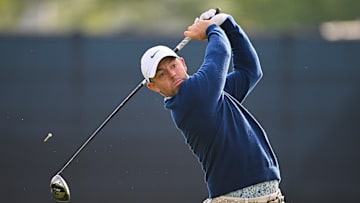Rory McIlroy tees off during a practice round ahead of the 2025 U.S. Open