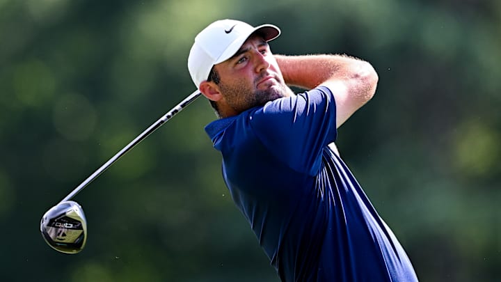 Scottie Scheffler tees off during the final round of the 2025 PGA Championship at Quail Hollow Club