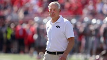 Oct 5, 2024; Columbus, Ohio, USA;  Iowa Hawkeyes head coach Kirk Ferentz before a game against the Ohio State Buckeyes at Ohio Stadium. Mandatory Credit: Joseph Maiorana-Imagn Images