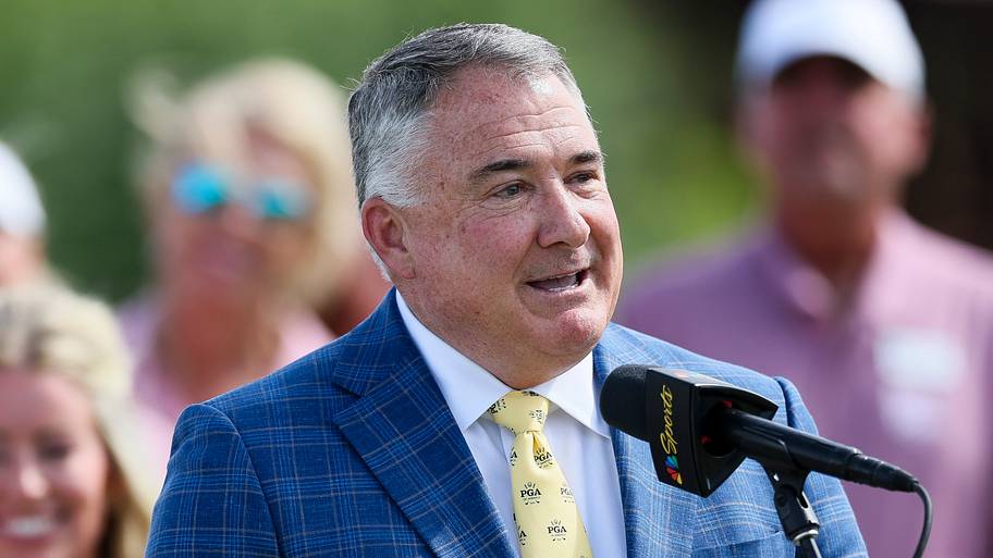 Don Rea, PGA of America president, addresses the crowd during the trophy ceremony at the 2025 KPMG Women's PGA Championship.